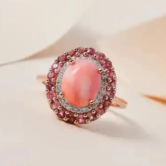 Host Pick NWOT Oregon Sunrise Peach Opal and Pink Tourmaline Double Halo Ring - Picture 1 of 7